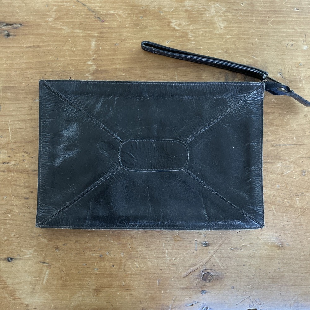 Vintage Black‎ Leather Soft Clutch Made In India Boho Rock N Roll